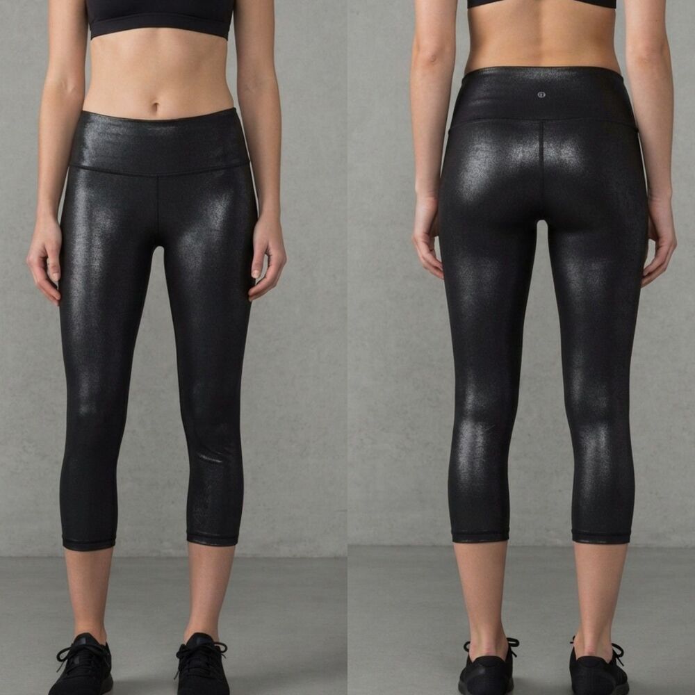 Lululemon Wunder Train High Rise Foil Crop Leggings 8 Shine Black Shimmer